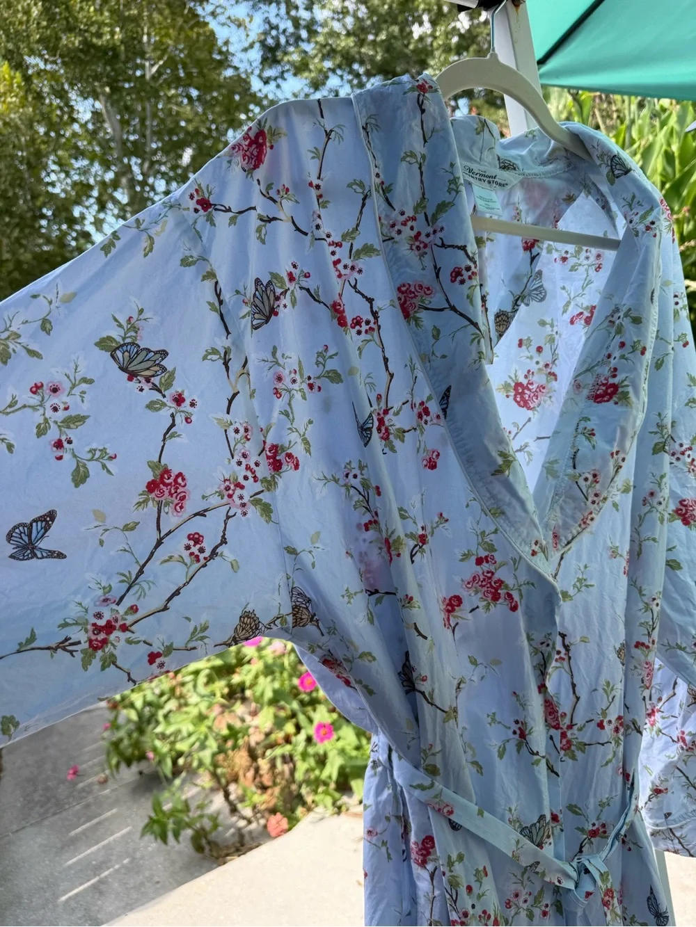 Vermont Country Store Women's Floral Cotton Robe - Light Blue with Pink Print 3X